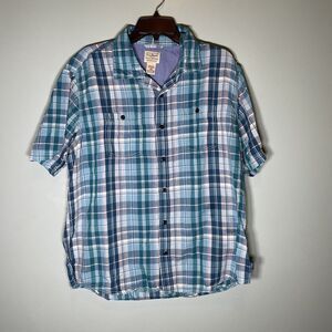 LL Bean Men's Rugged Linen Blend Shirt, Short-Sleeve, Plaid, Large, Blue Green